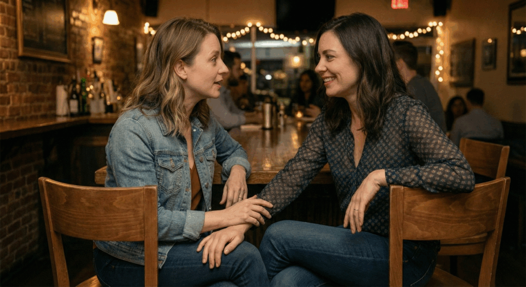 Photo of two 30-somehing women flirting at a San Diego brewery